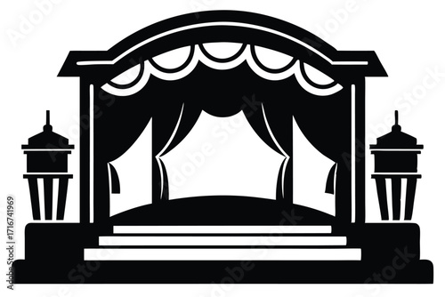 Ornate Black Theatre Stage with Curtains, Side Pillars, and Steps Icon Graphic