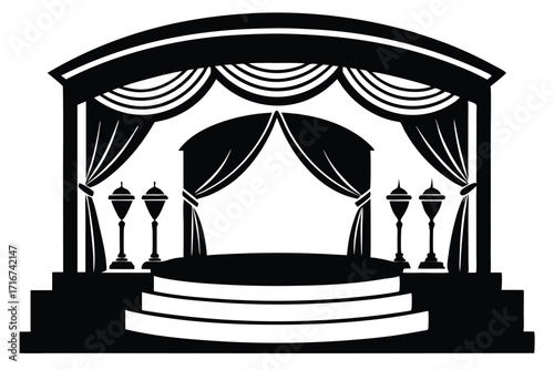 Intricate Black Silhouette of an Elegant Stage with Curtains and Lamps Illustration