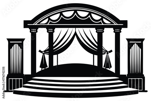 Black Silhouette Stage with Columns, Curtains, and Steps, Artistic Rendered Design