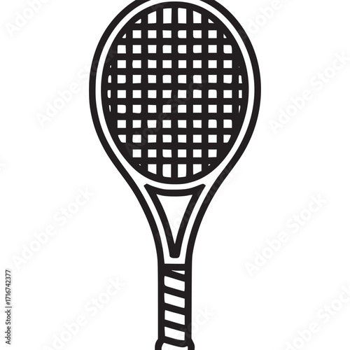 Illustration of a tennis racket the racket is black and the background is white the racket is in the center of the image the racket is made of metal and has strings
