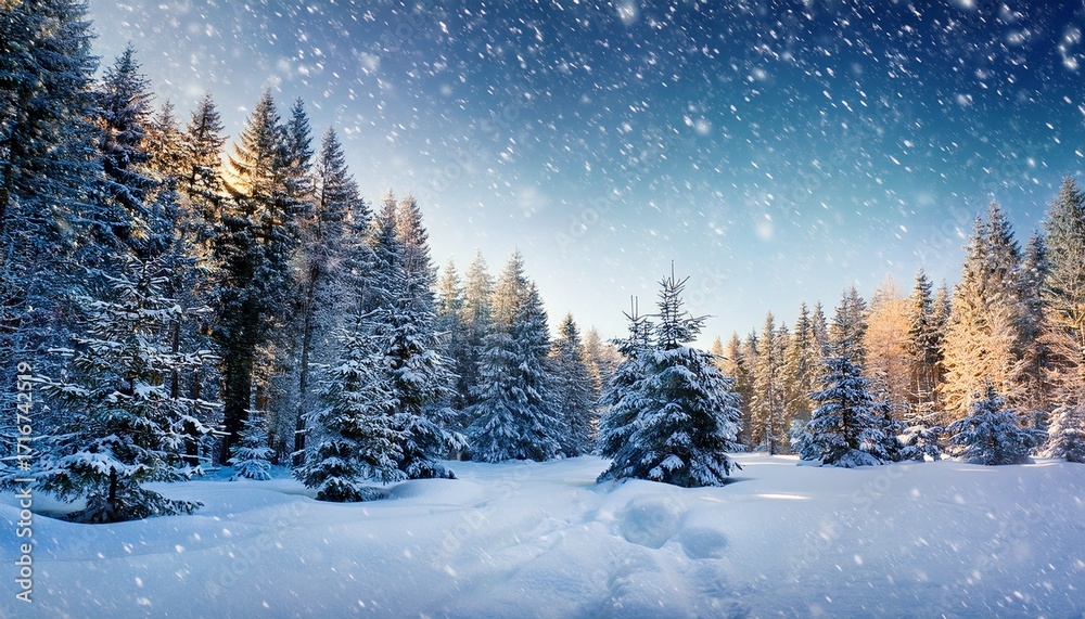 Fototapeta premium Christmas New Year Magic Snow Fall In Winter Forest