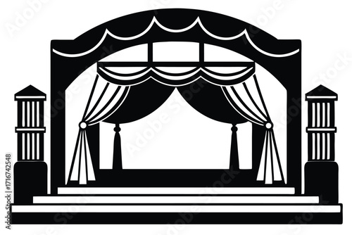 Black and White Illustration of a Theatrical Stage with Columns and Curtains