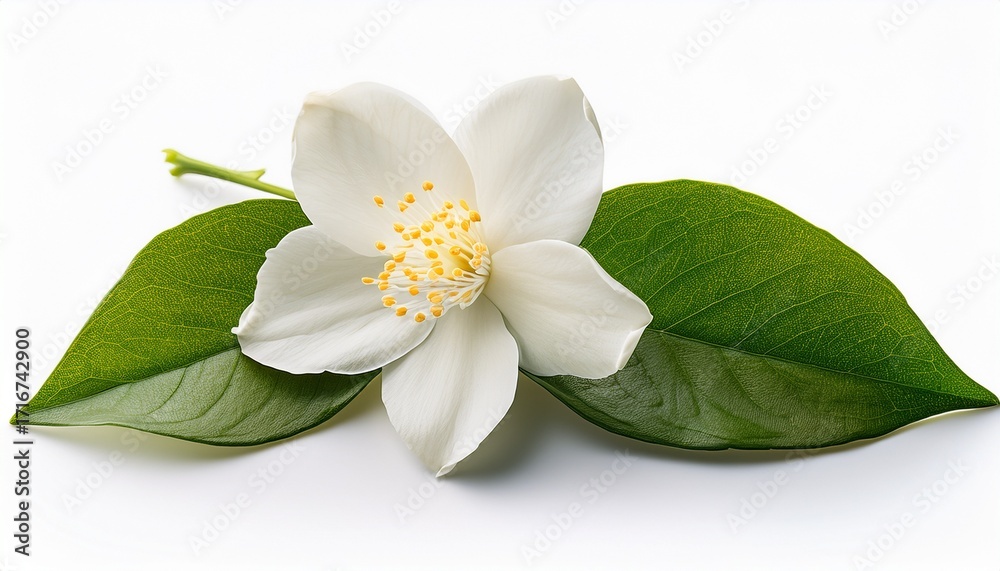 Obraz premium Jasmine Flowers Isolated On White Background Fragrant White Flowers With Leaves
