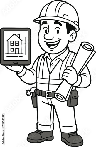 Friendly construction worker showcases home blueprints on a tablet, ready to build your dream! This charming character adds a touch of warmth to building projects