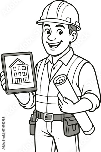 Friendly construction worker with building plans on a tablet showing new home design, bringing expertise to your project with a smile
