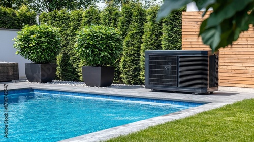 Modern Pool Heat Pump System Landscaping, Outdoor Design, Poolside Installation, Heat Pump, Pool Heating Pool heater, landscaping design