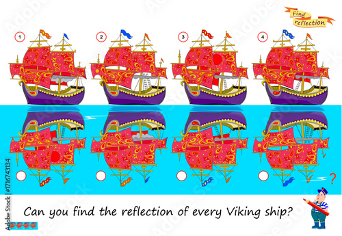 Logic puzzle game for children and adults. Can you find the reflection of every Viking ship? Brain teaser book. Developing kids spatial thinking. Task for attentiveness. IQ test. Vector illustration.