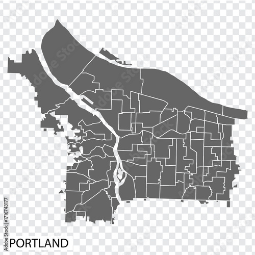 High Quality map of Portland is a city of USA, with borders of districts. Map of Portland for your web site design, app, UI. United States. EPS10.