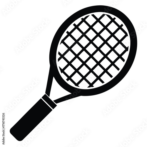 Black Tennis Racket with Grid String Pattern Depicted in Minimalist Vector Style