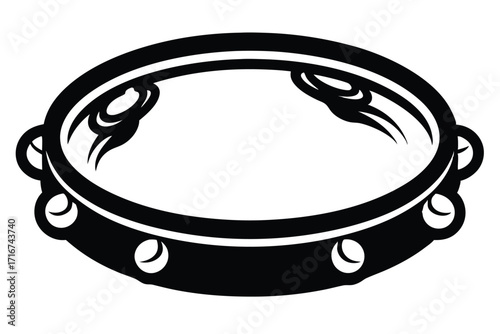 Stylized Black and White Tambourine Illustration Musical Instrument Graphic Design Element