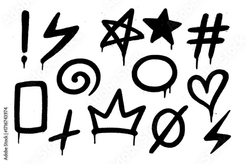 Bold graffiti symbols like stars, hearts, and crowns, with a spray paint texture and dripping effect, inject raw urban energy and artistic flair into creative projects.