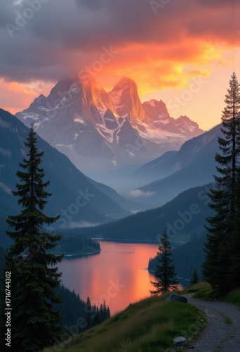 Majestic Mountain Range at Golden Hour Magical Sunset Landscape Nature Skyline Radiance Alpine Serenity