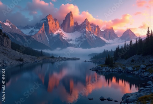 majestic mountain range dramatic sunset sky vibrant colors nature beauty vista wilderness, clouds, horizon, peak, landscape, alpine, scenery, dusk, glow