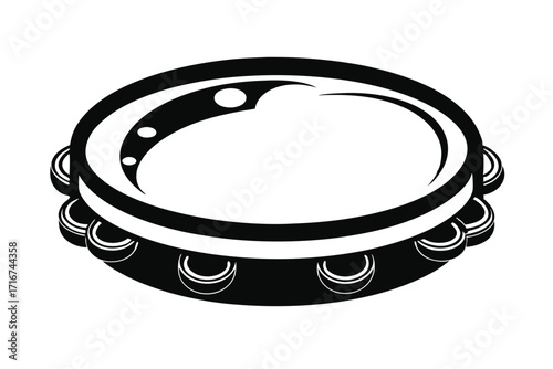 Black and White Graphic Illustration of a Tambourine Musical Percussion Instrument