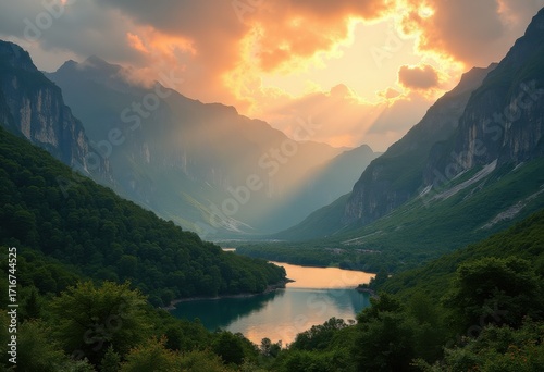 Majestic Mountain Range Golden Hour Landscape Nature Scenic View Wilderness Outdoor Serenity Lush Peaks Hills