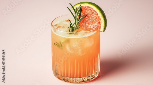 Refreshing Grapefruit Rosemary Cocktail Highball Glass, Pink Background, Summer Drink, Cocktail Recipe. Cocktail, Grapefruit