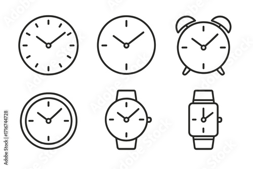 Clock and watch line icon set. Minimalist collection of time symbols. Vector illustration for concepts like deadline, time management, schedule, and urgency. Simple outline pictograms.