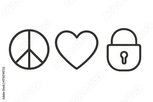 Peace, love, and security icon set. Minimalist line art symbols of a peace sign, heart, and padlock. Vector illustration for concepts of harmony, safety, and relationships.