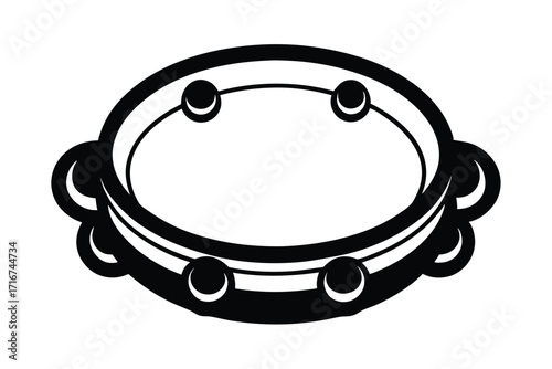 Black and White Graphic Illustration of a Tambourine with CrescentShaped Jingle Symbols