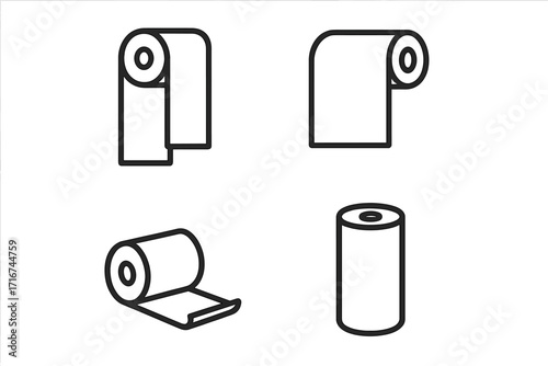 Paper roll line icon set. Minimalist vector illustration of toilet paper or paper towel. Hygiene, bathroom and kitchen tissue symbols for web design. Sanitary pictogram collection.
