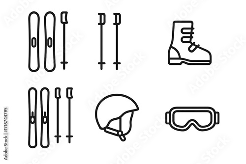 Skiing & winter sports equipment icon set. Linear vector graphics with skis, poles, boots, helmet, and goggles. Minimalist outline design for alpine activities. Isolated sport gear.