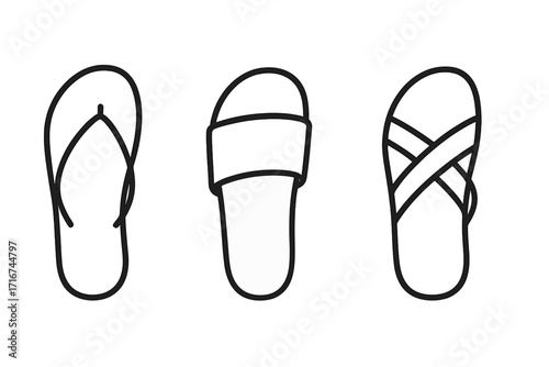Minimalist linear sandal designs with flip-flop, slide, and strap variations. Vector cartoon illustration icon set of summer footwear. Simple outline collection for fashion or beachwear.