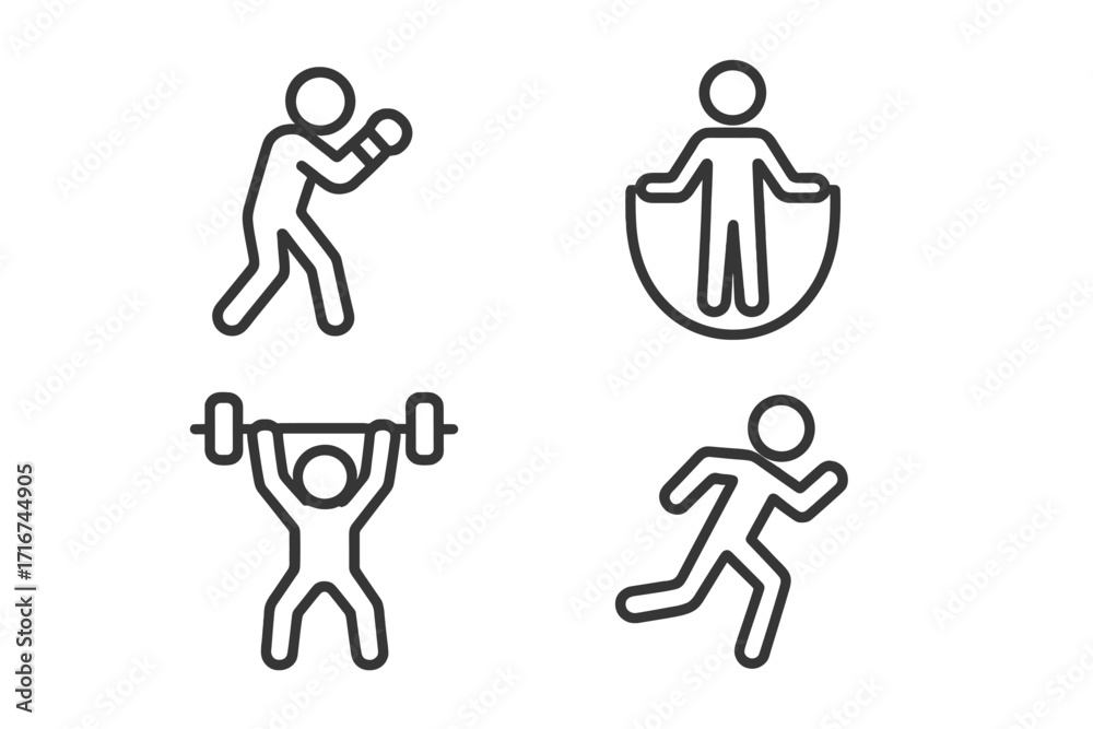 Fototapeta premium Minimalist workout icons set featuring boxing, jump rope, weightlifting, and running activities. Stick figure style, vector illustration, transparent background, fitness exercise, sports symbols.