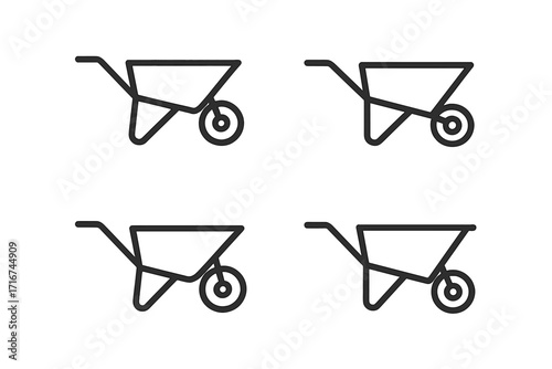 Minimalist linear wheelbarrow icons set, black outline garden and construction tool illustrations, vector isolated wheelbarrow collection, simple gardening equipment symbols, transparent background