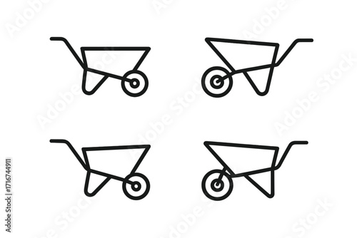 Minimalist Wheelbarrow Icons Set, Linear Outline Garden Tools, Construction Equipment Symbols, Vector Illustration, Modern Black Stroke, Transparent Background, Simple Tool Design, Collection
