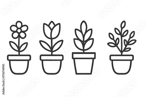 Minimalistic Outline Icons Set of Potted Flowers and Plants, Black Line Art, Vector Cartoon Illustration, Simple Botanical Houseplants Collection, Indoor Garden Graphic, Transparent Background