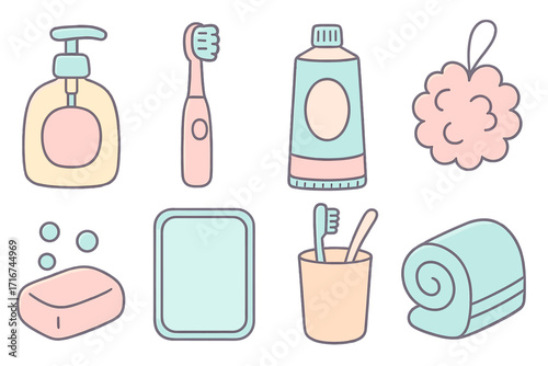 Pastel bathroom essentials vector set with hand soap dispenser, electric toothbrush, toothpaste tube, bath sponge, mirror, soap bar, tumbler cup, rolled towel. Soft outline cartoon style.