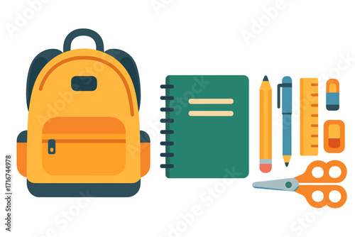 School Supplies Essentials Set with Backpack, Spiral Notebook, Pencil, Pen, Ruler, Eraser, Sharpener, and Scissors in Flat Vector Cartoon Illustration Isolated on Transparent Background