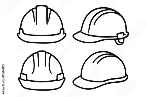 Construction Hard Hat Vector Set Outline. Safety Helmet Collection. Protective Headgear Icon Pack. Industrial Worker Equipment. Cartoon Line Art. Engineering, Builder, Contractor Essentials.