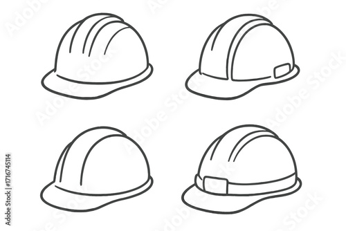 Outline Hard Hat Vector Set for Safety and Construction Workers, Engineering Equipment, Protective Headgear, Cartoon Illustration, Collection of Industrial Helmets, Transparent Background
