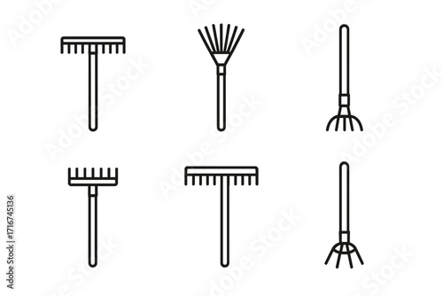 Linear Garden Rake Icon Set, Outline Gardening Tools Collection, Vector Equipment Illustration, Hand Rake, Leaf Rake, Soil Cultivator, Transparent Background, Minimalist Black Stroke