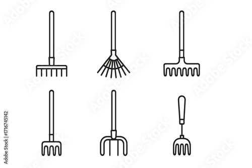 Vector Set of Six Rake Icons Linear Style Gardening Tools, Cartoon Illustration, Garden Yard Equipment, Leaf Rake, Hand Rake, Soil Cultivator, Transparent Background, Lawn Care Symbols