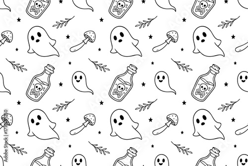 Seamless Halloween black and white outline pattern with ghosts, potion bottles, mushrooms, and stars, perfect for spooky and minimalist seasonal designs.