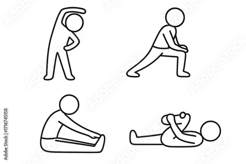 Stick Figure Stretching Poses Collection. Simple Line Art Exercise Characters in Yoga Positions, Fitness, Warm Up, Flexibility Training. Vector Cartoon Clipart Isolated on Transparent Background