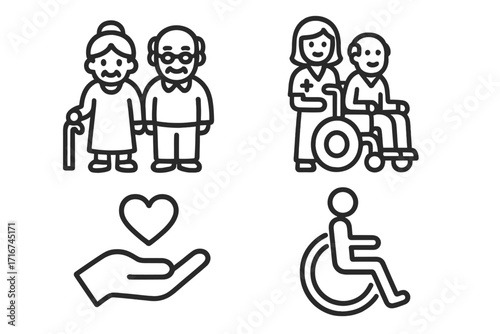 Senior care and accessibility vector icons set. Elderly couple, nurse assisting in wheelchair, hand holding heart, and disability wheelchair outline. Health, help, support, medical care concepts