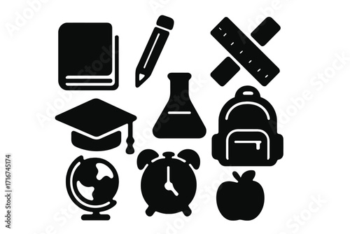 Silhouette education icons set with book, pencil, ruler, globe, alarm clock, graduation cap, apple, science flask, and backpack. Vector cartoon illustration, transparent background, school supplies.