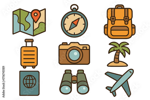 Travel and Adventure Essentials Vector Icons Set Map Compass Backpack Suitcase Passport Camera Binoculars Palm Tree Airplane Cartoon Illustration for Tourism Journey Transparent Background