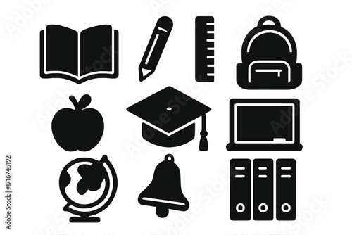 Silhouette education icons set. School supplies vector collection: book, pencil, ruler, backpack, apple, graduation cap, laptop, globe, bell, binders. Classroom elements. Transparent background.