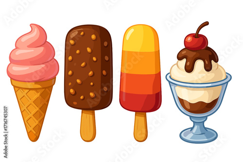 Ice cream variety set vector cartoon illustration. Cone, popsicle, sundae, chocolate bar. Summer dessert food collection. Sweet frozen treat graphic elements for design.