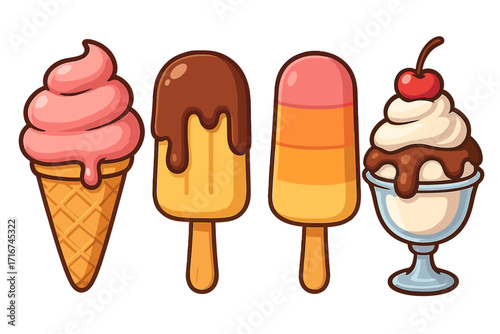 Ice cream vector set. Cute cartoon collection of summer desserts. Includes soft serve cone, chocolate dipped popsicle, fruit bar, and a sundae with a cherry. Frozen food icons.