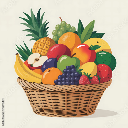 Abundant wicker basket overflowing with fresh colorful fruits
