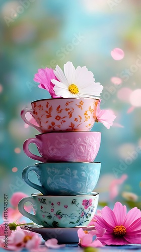 Stacked Floral Teacups with Delicate Pink and White Flowers image photo