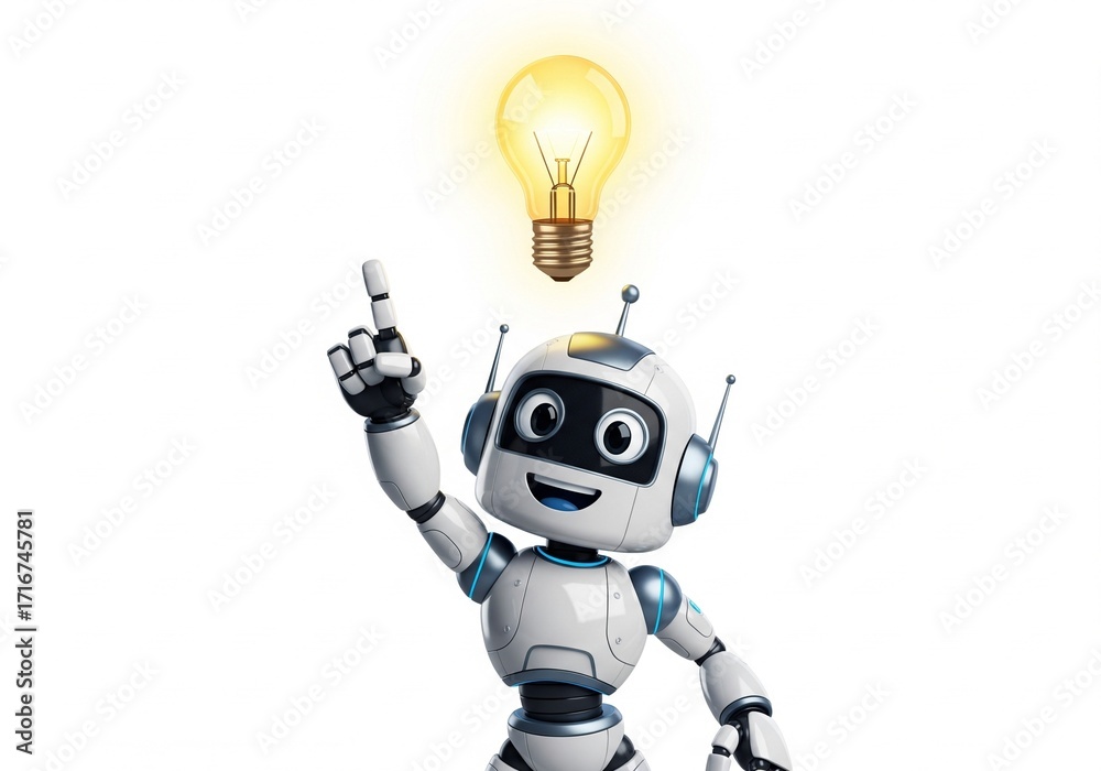 Naklejka premium Futuristic purple robot, wearing VR headset, virtual reality AI, holographic interface, wooden desk, aI technology, creative aI robot, 3D robot character