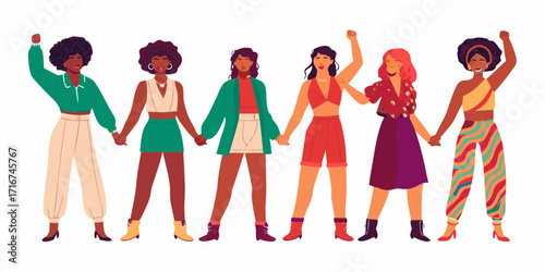 Diverse group of women holding hands and celebrating together