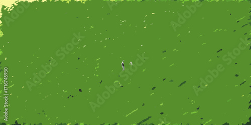 Single figure and object on a green field with abstract texture