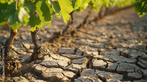 Sunlit cracked dry earth and grapevines in a vineyard cracked soil arid photo